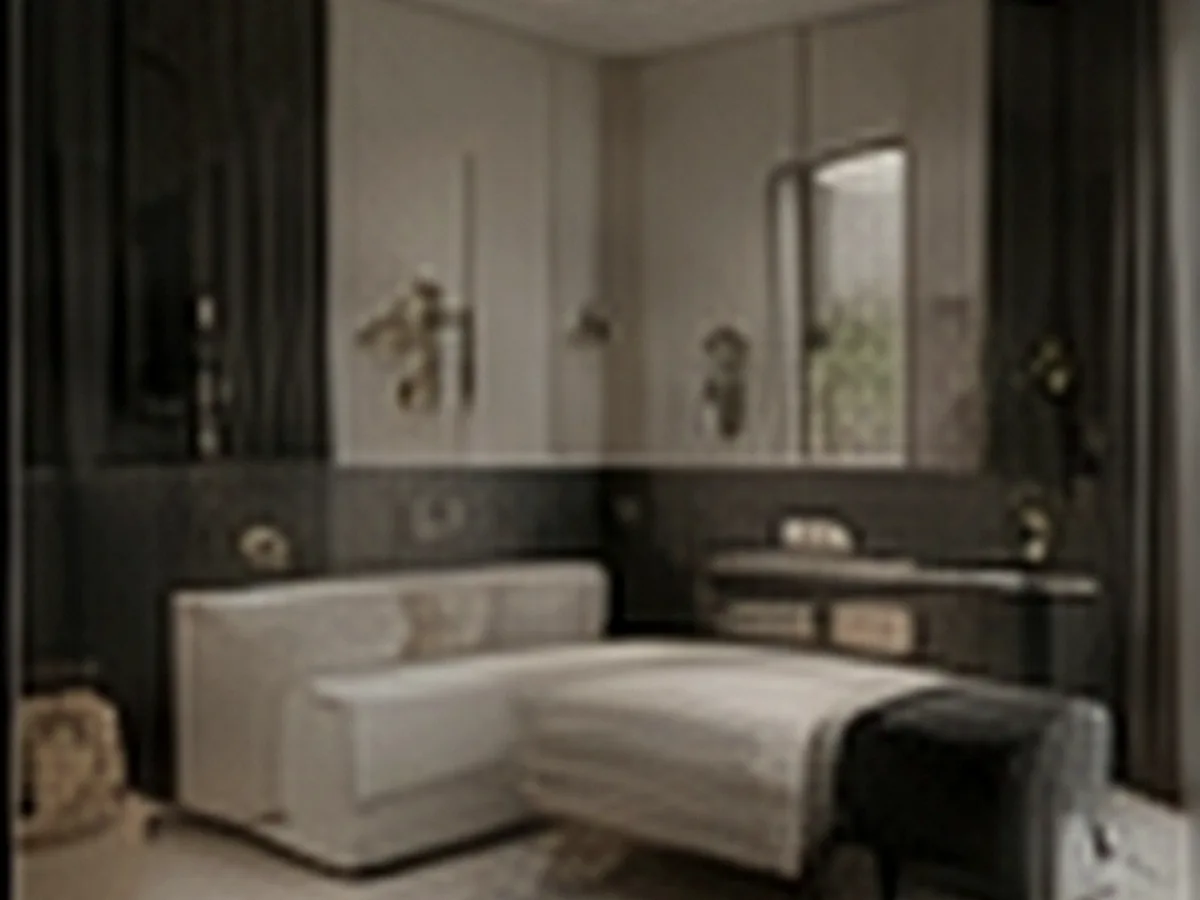 Quiet pale bathroom with contrasting dark wall