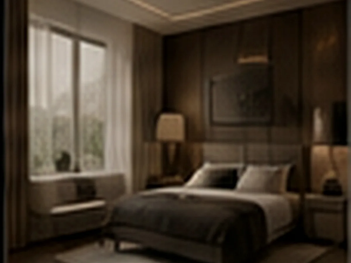 A calm bedroom finished in warm wood and soft neutral fabrics
