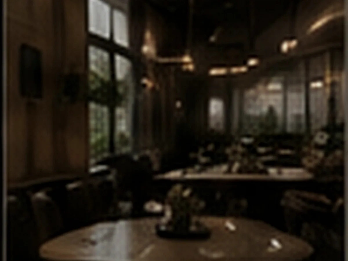 A warmly lit dining room with dark timber and soft ambient light