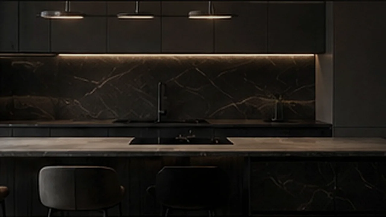 A dark contemporary kitchen with warm integrated lighting