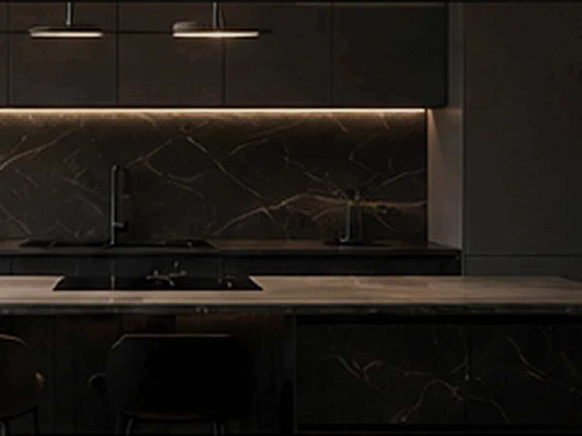 A minimal dark kitchen with marble and warm task lighting