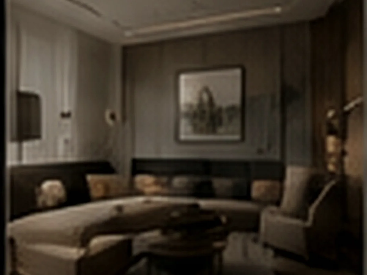 A quiet living room in muted stone and walnut tones