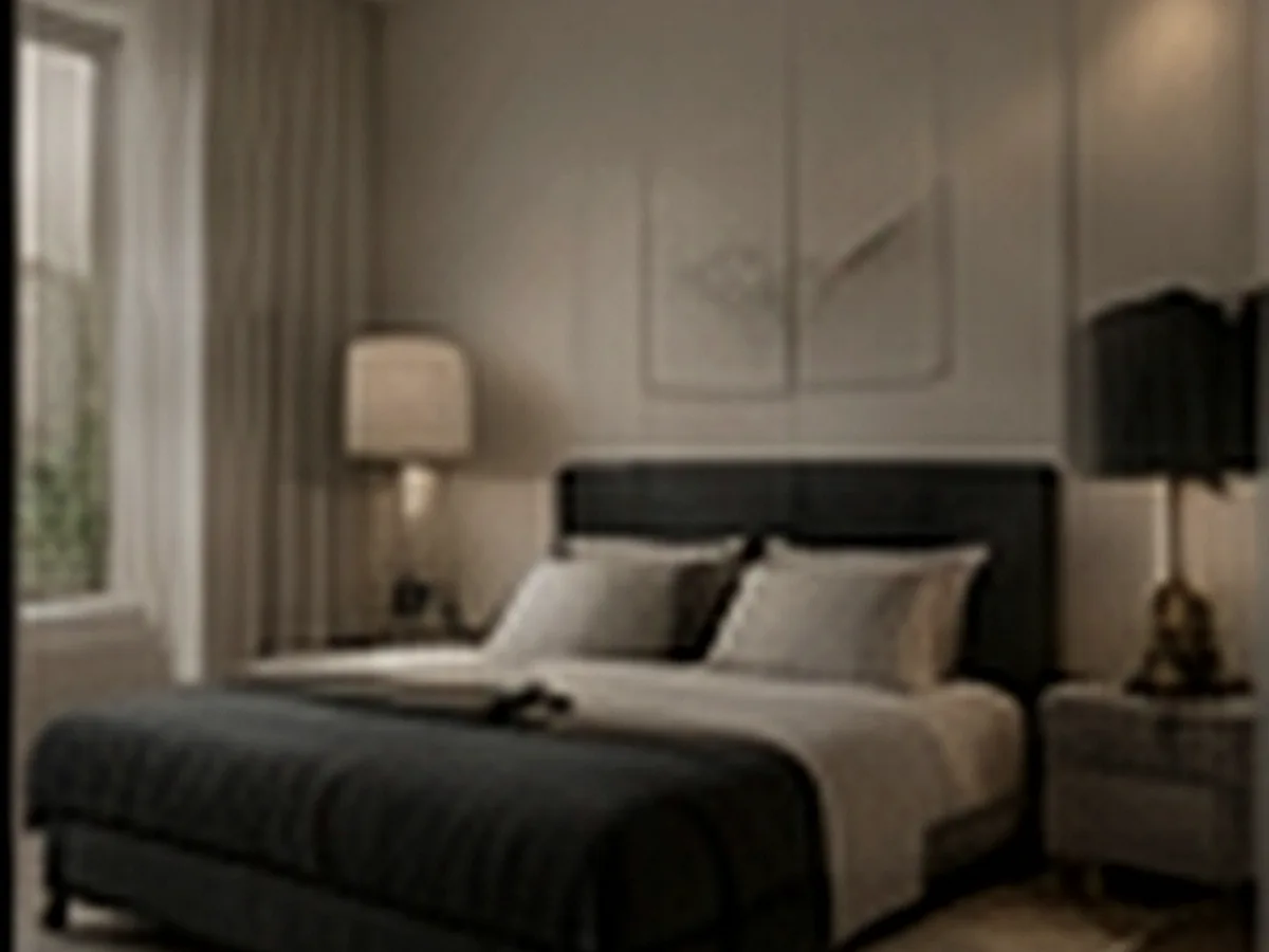 A restrained bedroom in stone grey and ivory